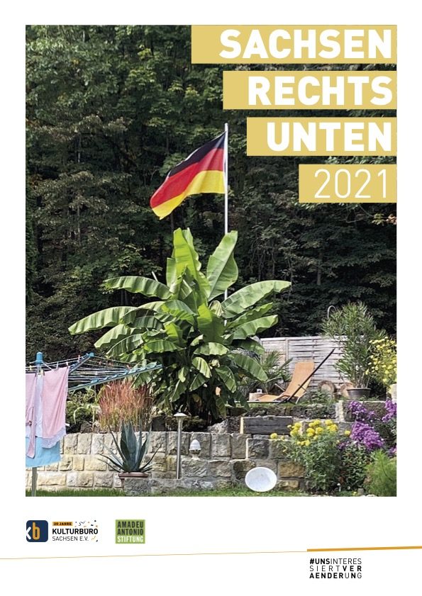 Titelbild einer Publikation. Deutschland Flagge am Mast in Garten