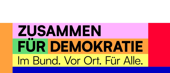 Logo des Bündnisses "Zusammen für Demokratie. Im Bund. Vor Ort. Für Alle."