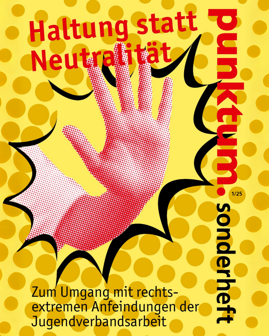 Haltung statt Neutralität. Cover des Sonderhefts punktum. Eine Hand ist erhoben.
