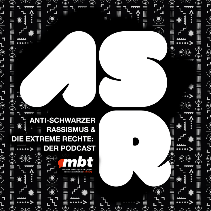 Schwarzweiße Grafik mit den Buchstaben ASR und dem Titel: Schwarzweiße Grafik mit den Buchstaben ASR: Anti-Schwarzer Rassismus und die extreme Rechte: der Podcast